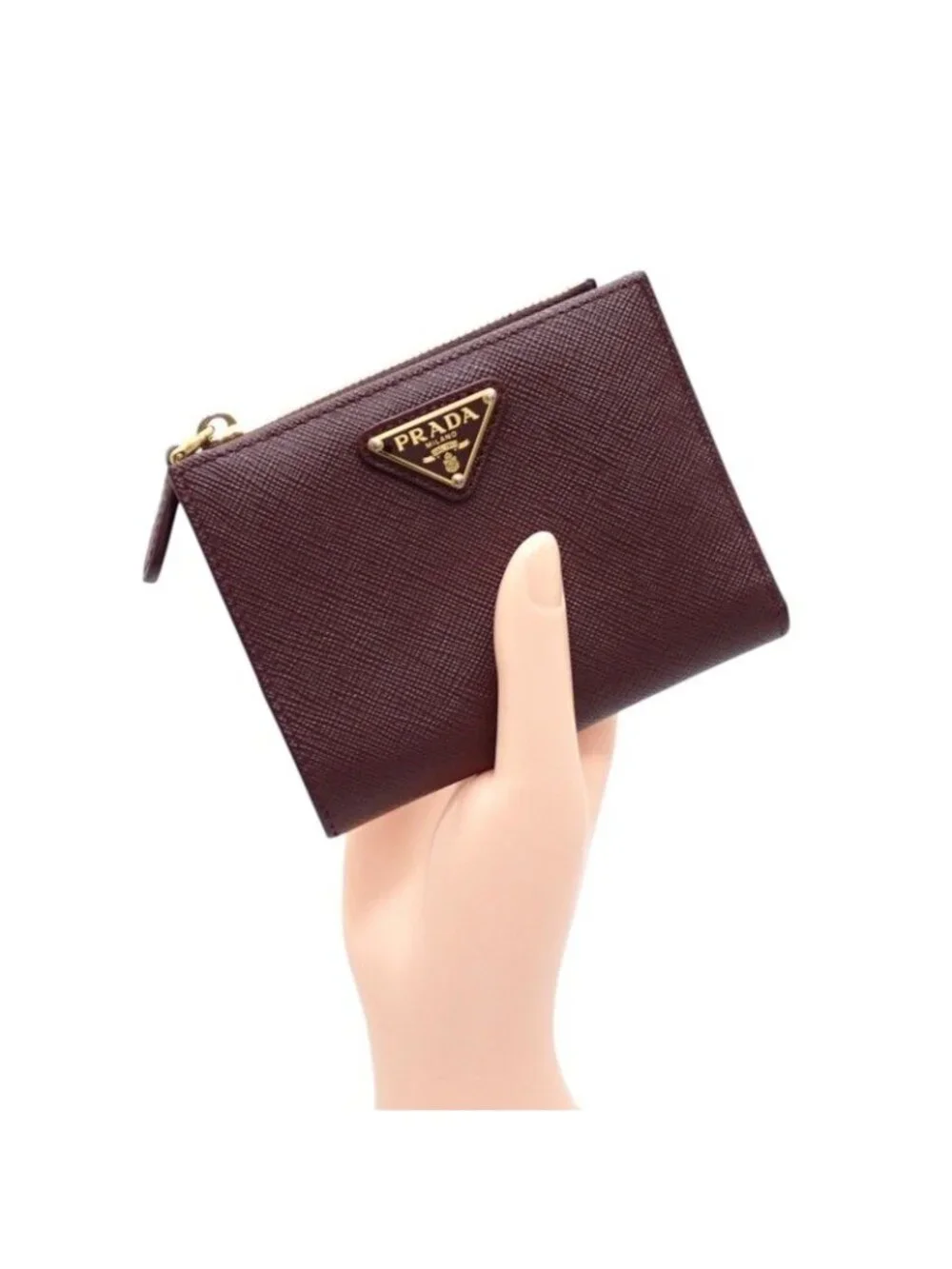 Prada Saffiano Triangle Bifold Wallet Bordeaux Burgundy Gold Genus